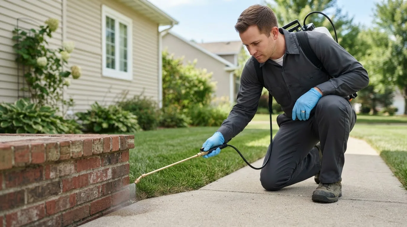 Pest control technician treating a home near Milford, ME