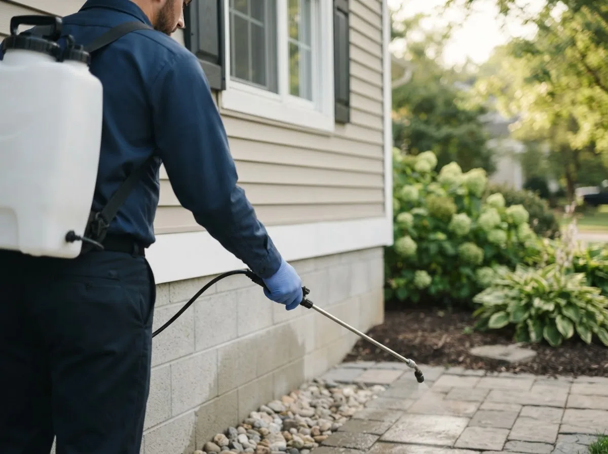 Pest control technician inspecting a home in Milford, ME